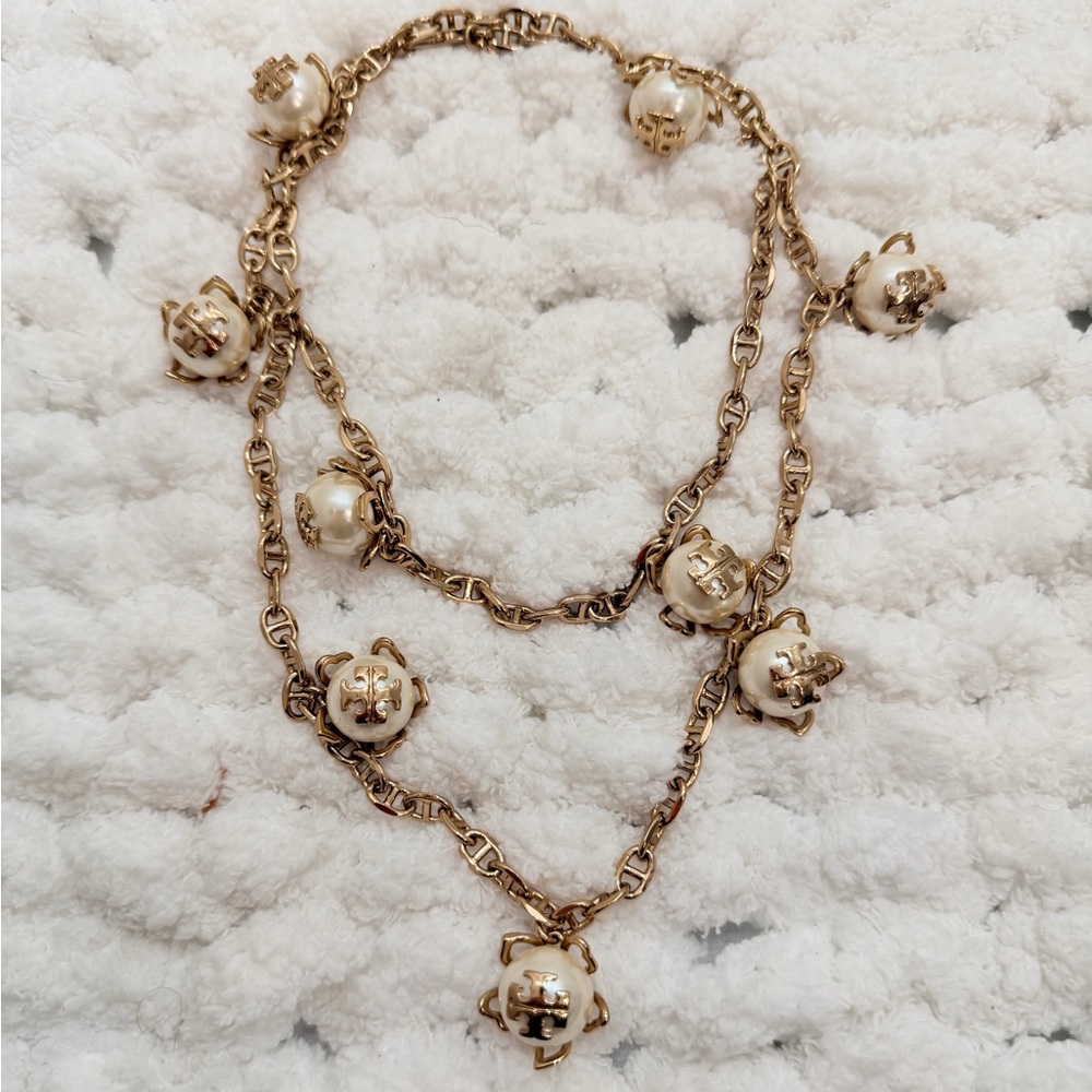 Tory Burch EUC statement gold plated Long or 2x wrapped necklace pearl logo